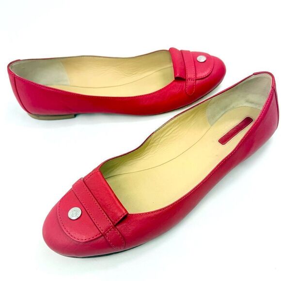 Longchamp Red Leather Logo Snap Toe Italian Made Slip On Classic Ballet Flats - Picture 4 of 15